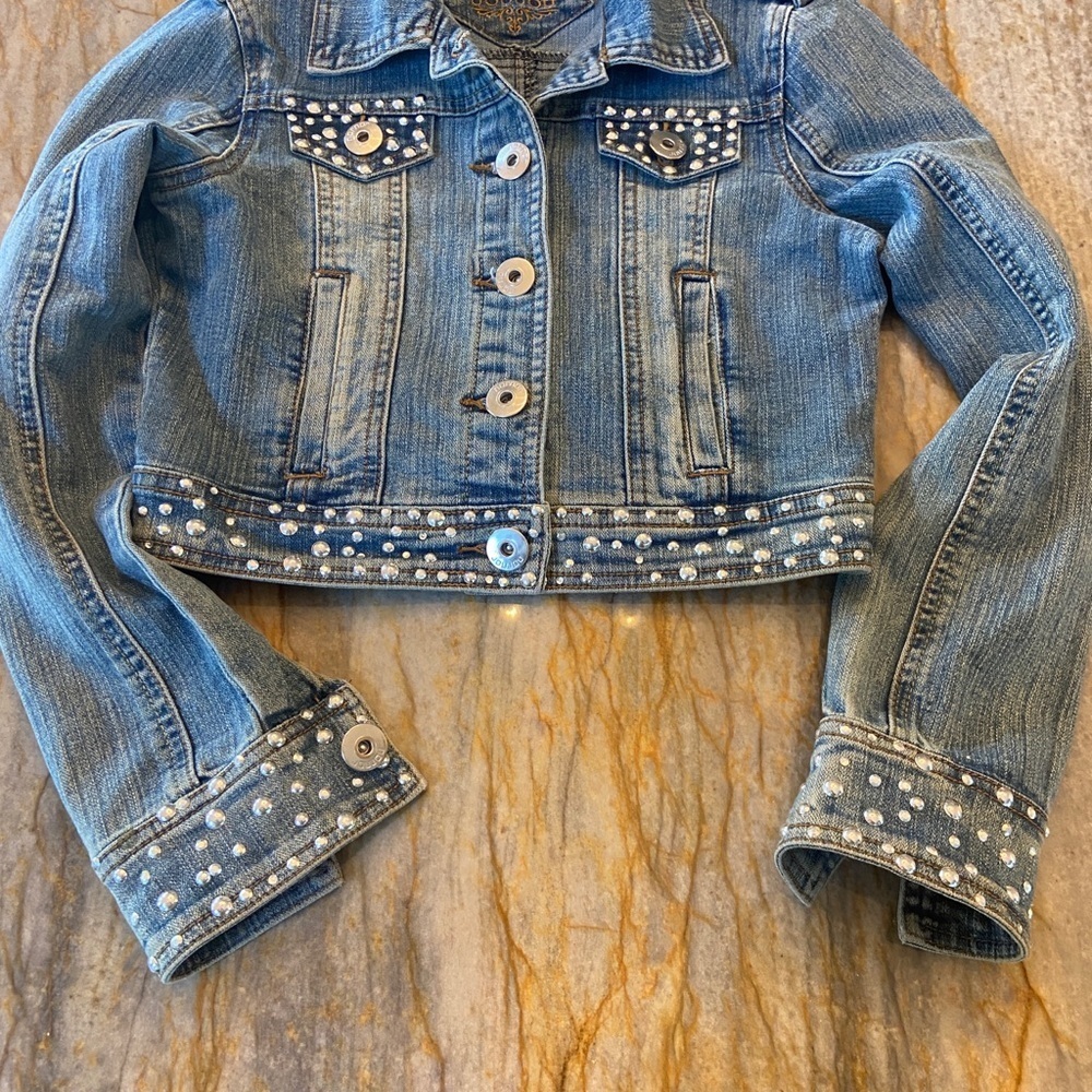 Jou Jou Stylish Blue Denim Kids Jacket with Stud Accents, Size M Kids - Picture 2 of 9